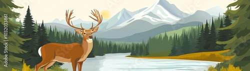 Illustration of a majestic deer by a serene river, surrounded by lush forest with majestic mountains in the background.