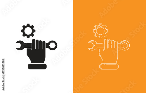 Illustration symbolizes technical support or repair services, featuring a hand holding a wrench with a gear above it. The design emphasizes tools, engineering, and maintenance with contrasting colors