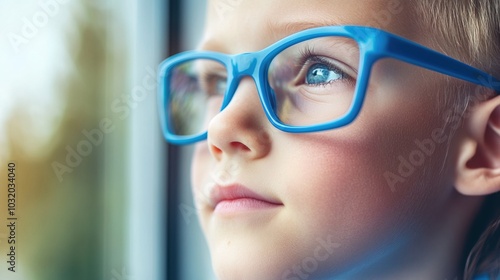 Young child wearing blue glasses focusing on distant tree outside window, symbolizing myopia prevention and importance of outdoor activities.