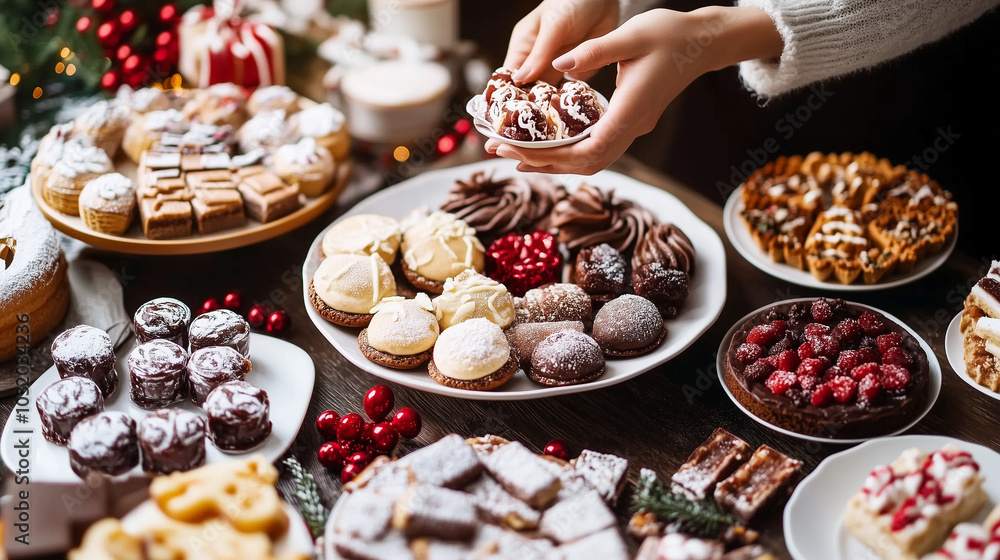 Christmas table full of sweets, pralines and cookies Christmas table full of sweets, pralines and cookies