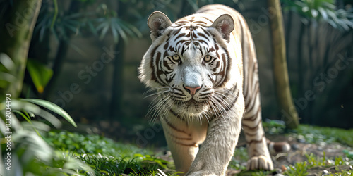 A white tiger prowling through its enclosure at a zoo, reminding us of the importance of wildlife conservation and animal welfare.