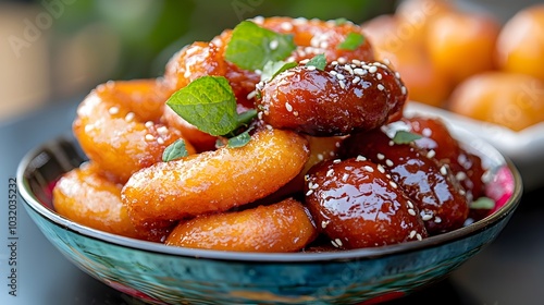 Closeup of Festive Diwali Sweets Mouthwatering Jalebi and Gulab Jamun Arranged on a Colorful Plate Celebrating the Indian Festival of Lights