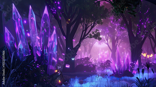 Mystical forest with glowing crystal trees, fireflies lighting up the misty ground beneath.