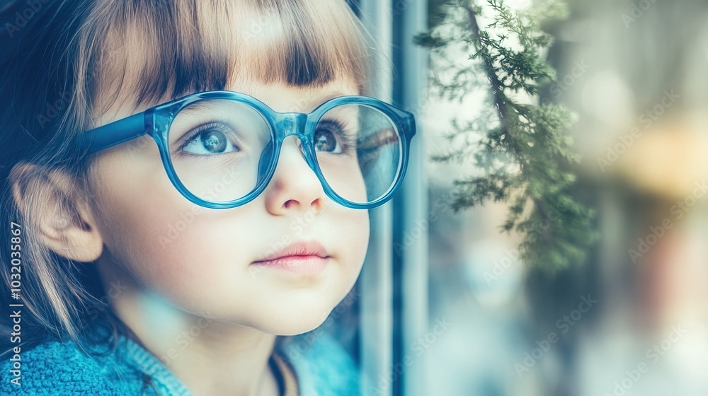 Young child wearing blue glasses focusing on distant tree outside window, symbolizing myopia prevention and importance of outdoor activities. Young child wearing blue glasses focusing on distant tree outside window, symbolizing myopia prevention and importance of outdoor activities.