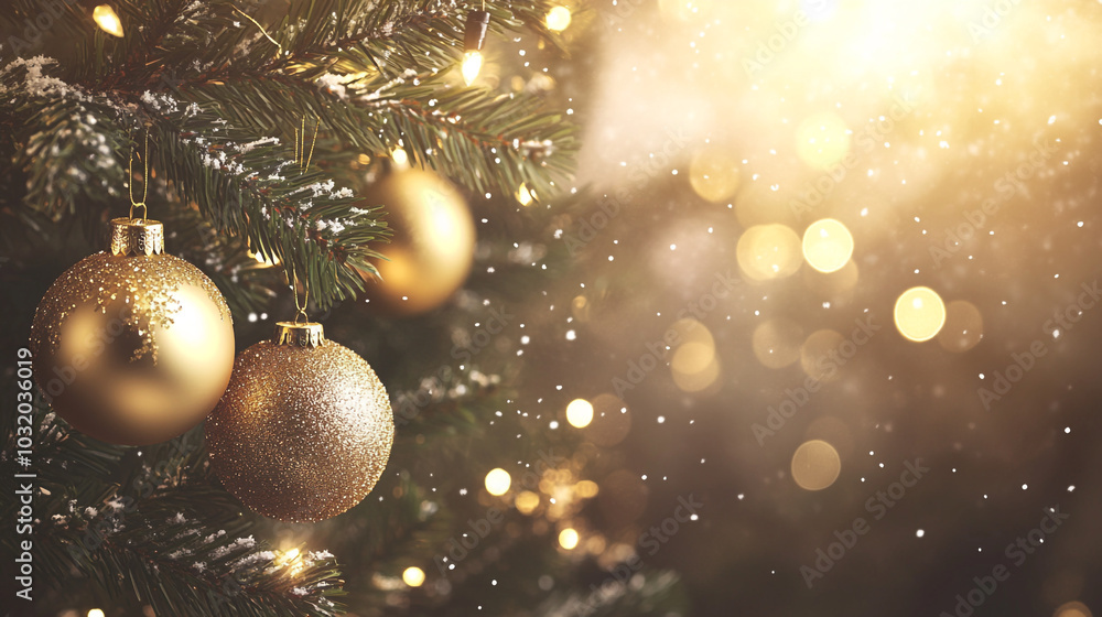 Festive ornaments on a decorated tree sparkling under gentle holiday lights Festive ornaments on a decorated tree sparkling under gentle holiday lights