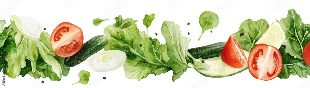 Fresh vegetables including lettuce, cucumber, and tomato on a white background.