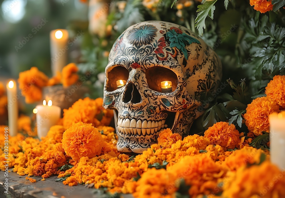 A beautifully adorned skull surrounded by vibrant yellow flowers and lush green leaves. A beautifully adorned skull surrounded by vibrant yellow flowers and lush green leaves.
