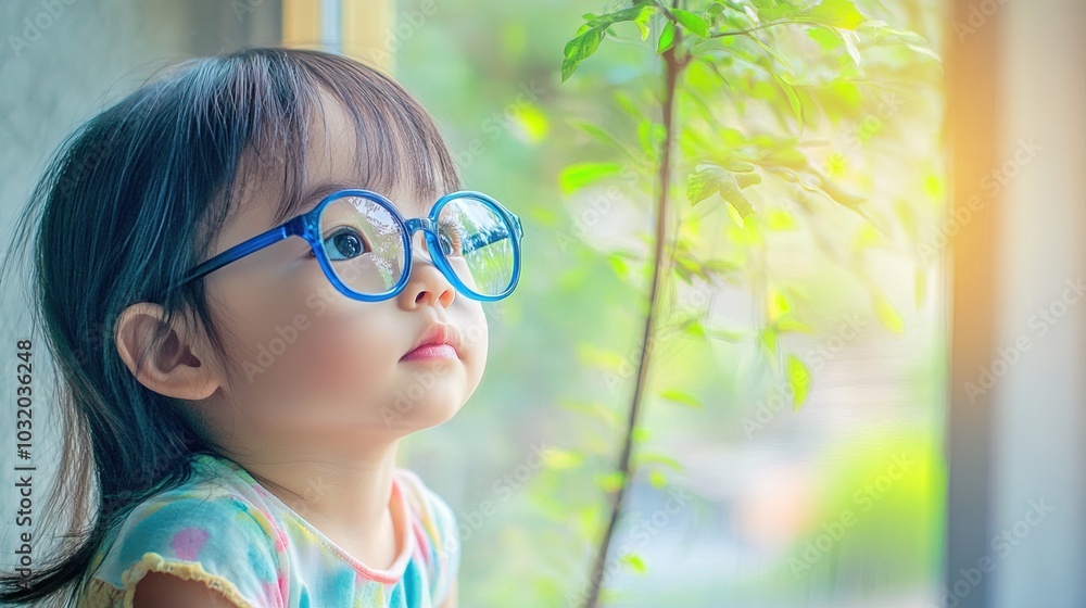 Young child wearing blue glasses focusing on distant tree outside window, symbolizing myopia prevention and importance of outdoor activities. Young child wearing blue glasses focusing on distant tree outside window, symbolizing myopia prevention and importance of outdoor activities.