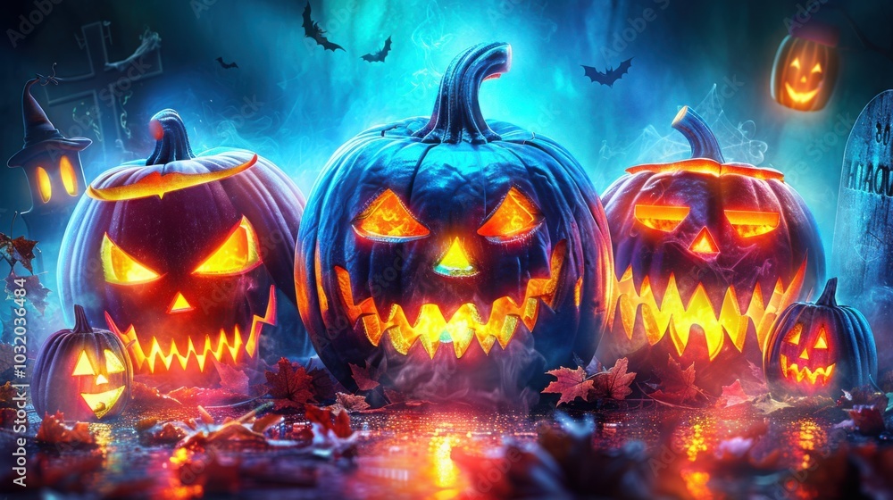 Fototapeta premium A spooky Halloween scene featuring glowing jack-o'-lanterns with menacing carved faces, surrounded by eerie blue mist and autumn leaves in a dark, atmospheric setting.