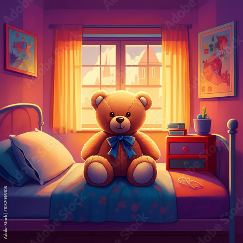 Teddy bear sitting on a bed...