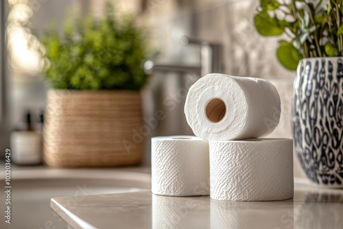 Three rolls of soft white toilet paper stacked on a beige table against the backdrop of a bathroom and room perfume, Generative AI