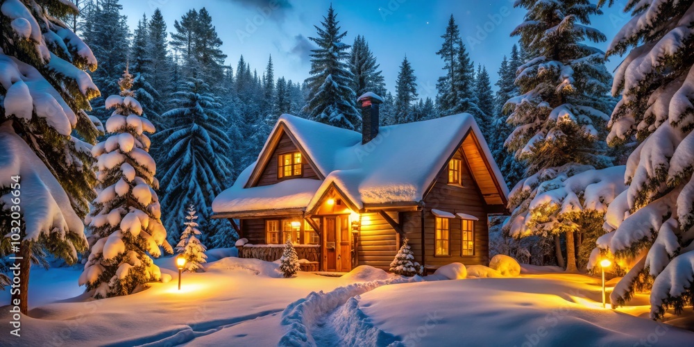Fototapeta premium Cozy Cabin in a Snowy Forest, Winter Wonderland, Snowy Forest, Cabin , Winter
