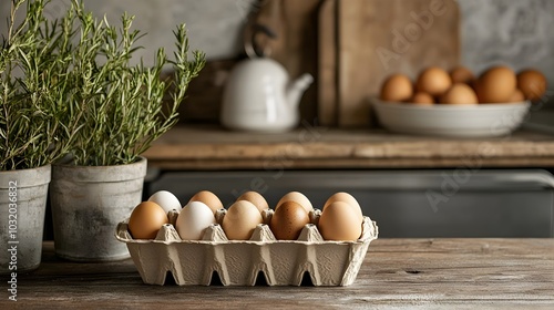 Biodegradable Egg Carton in Rustic Kitchen Setting with Fresh Eggs and Greenery Decor photo