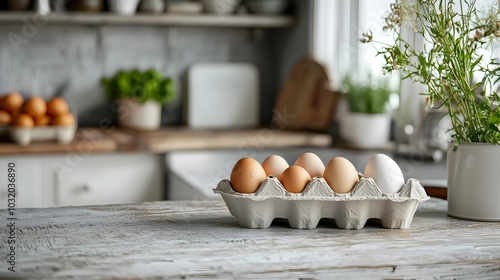 Biodegradable Egg Carton in Rustic Kitchen Setting with Fresh Eggs photo