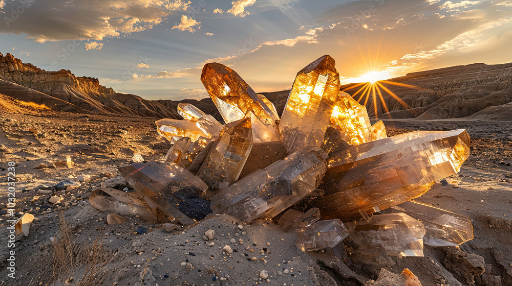 Jagged crystal formation emerging from desert sand, glowing golden under the setting sun's light.