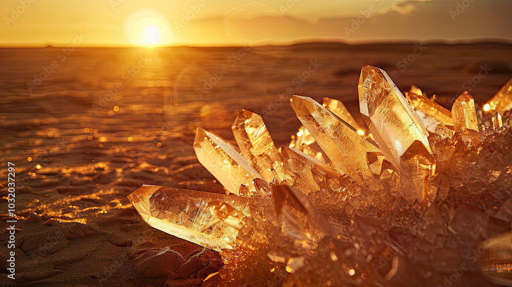Raw crystals rise from the sandy desert, illuminated by warm sunset hues of gold and amber.