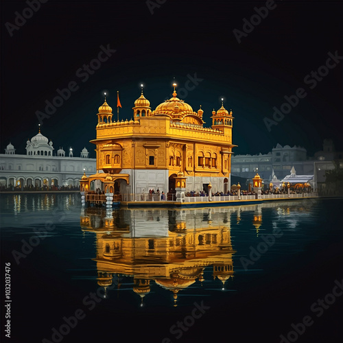 The Golden Temple glowing in the night, its golden reflection in the serene waters creating a peaceful and spiritual ambiance photo