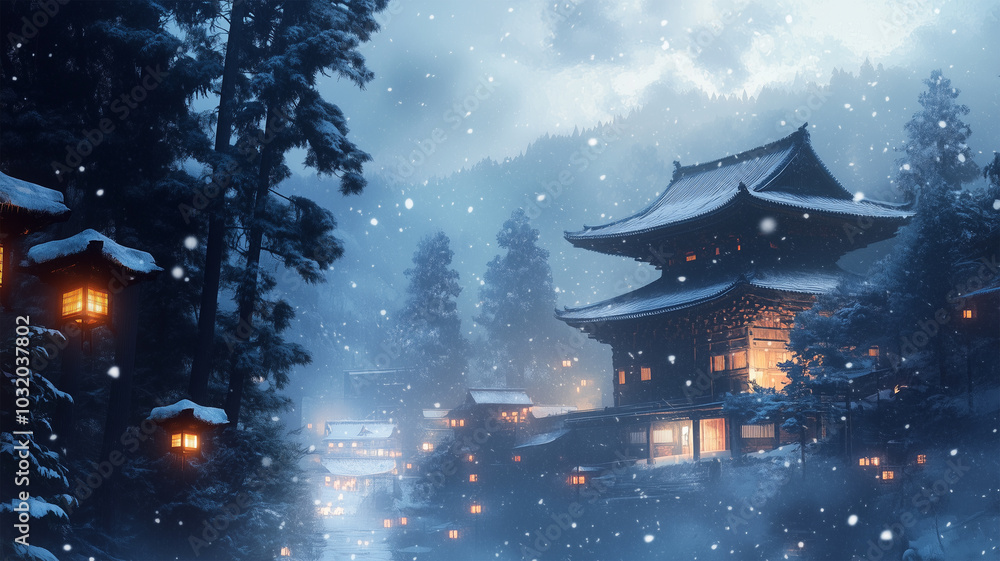 雪の中の古寺のシルエット 雪の中の古寺のシルエット