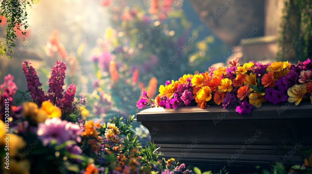 Obraz premium Funeral Coffin with Floral Decorations in Church with Soft Light Gentle Shadows