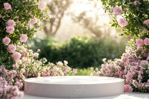 Spring floral arrangement: 3d stand featuring pink blooms and white highlights amidst natural splendor, ideal for valentine's surprises and summer beauty promotions in a charming garden atmosphere