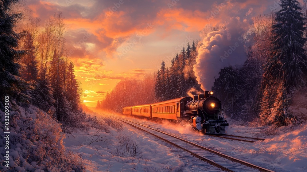 Digital Painting of Steam Locomotive Moving Through Snowy Winter Landscape Digital Painting of Steam Locomotive Moving Through Snowy Winter Landscape
