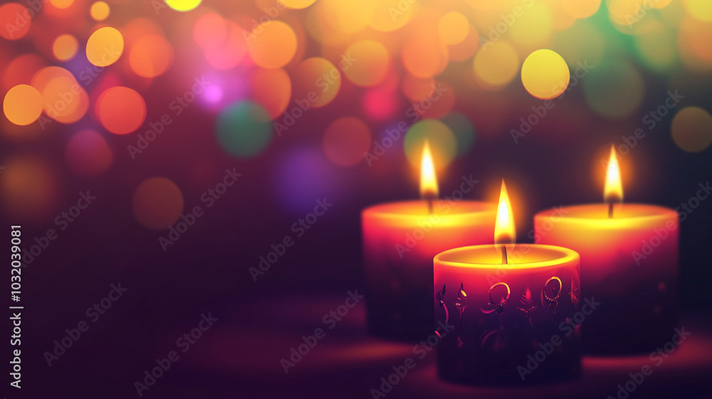 Kwanzaa celebration with three lit candles surrounded by colorful festive lights at night Kwanzaa celebration with three lit candles surrounded by colorful festive lights at night