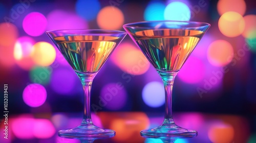 Two Martini Glasses with Neon Lights