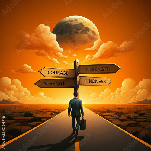 A figure walking toward sig...