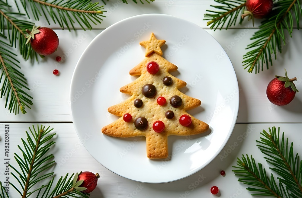 Christmas biscuits on a plate in the shape of a Christmas tree decorated with berries on a white wooden table next to Christmas tree toys. New Year's Eve Christmas biscuits on a plate in the shape of a Christmas tree decorated with berries on a white wooden table next to Christmas tree toys. New Year's Eve