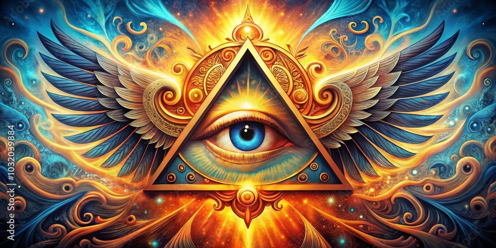 Fototapeta premium Golden Winged Eye Within a Triangle, psychedelic art, surreal art