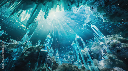 Fish swim around glowing crystals in an underwater cave, casting mystical light in turquoise hues.