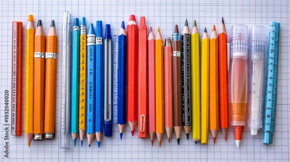 Obraz premium A collection of rulers protractors compasses and mechanical pencils arranged neatly on a grid-lined surface Stock Photo with side copy space
