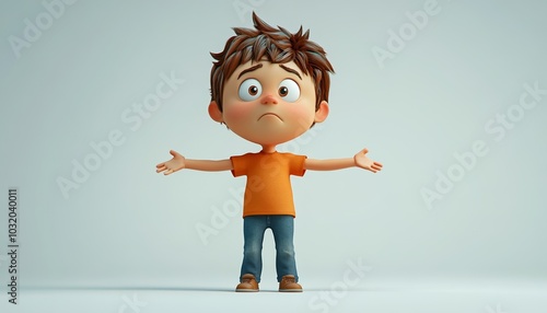 Sad Cartoon Boy in Orange Shirt Standing Alone in Empty Room