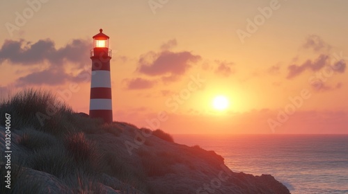 A lighthouse at the sunset