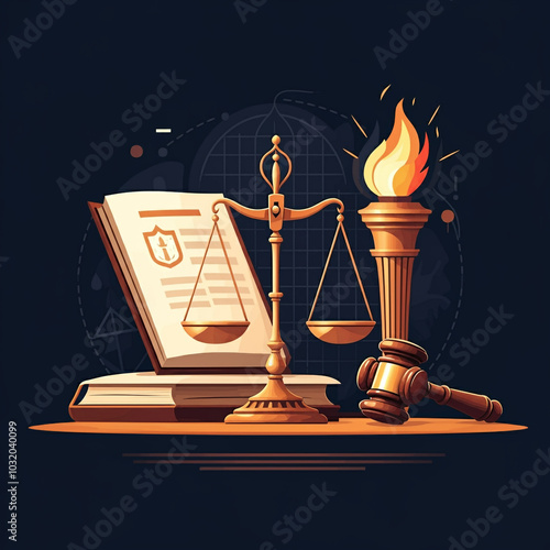 A law book, torch, and scal...