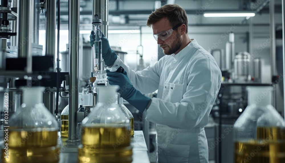 Quality Control Employee in Laboratory Inspecting Glass Bottle Under Bright Light Quality Control Employee in Laboratory Inspecting Glass Bottle Under Bright Light