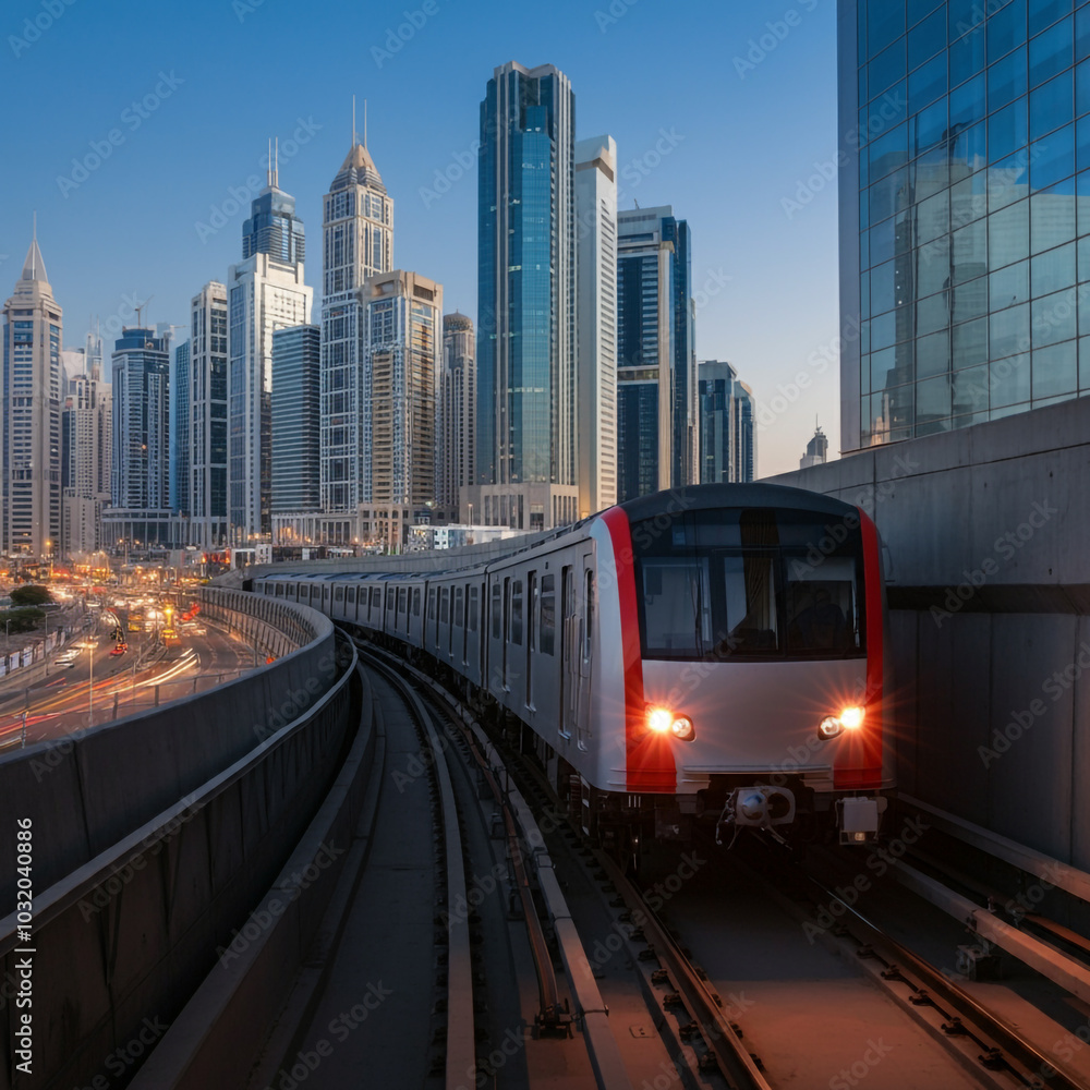 A city metro train moving through a futuristic urban landscape with tall skyscrapers A city metro train moving through a futuristic urban landscape with tall skyscrapers