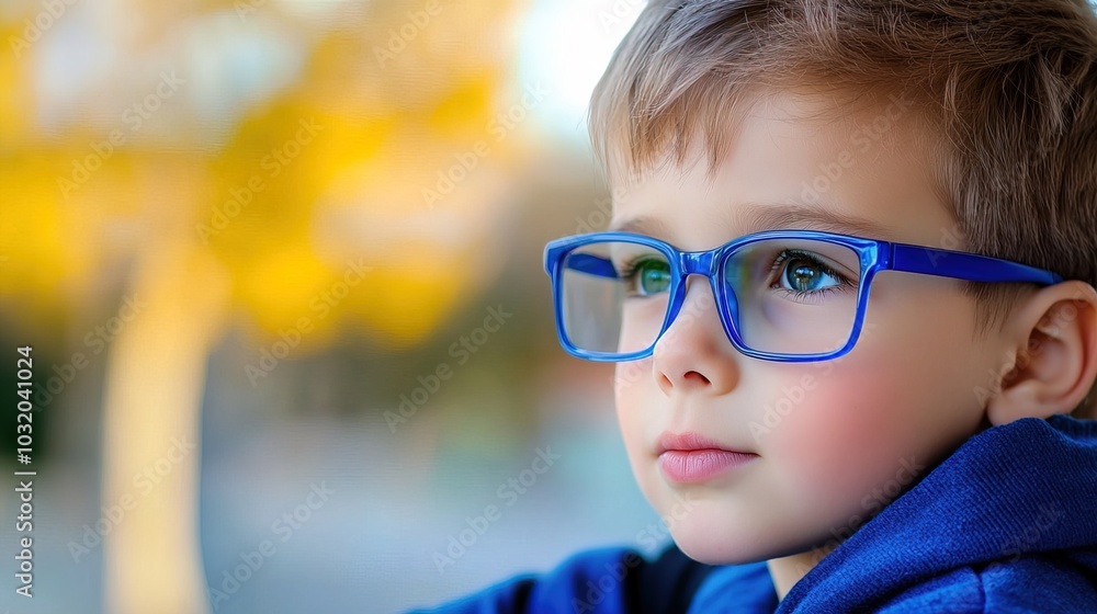 Young child wearing blue glasses focusing on distant tree outside window, symbolizing myopia prevention and importance of outdoor activities. Young child wearing blue glasses focusing on distant tree outside window, symbolizing myopia prevention and importance of outdoor activities.