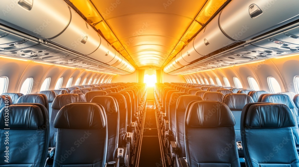 Empty Airplane Cabin With Illuminated Aisle And Sunlight From Open Door, Travel Concept Empty Airplane Cabin With Illuminated Aisle And Sunlight From Open Door, Travel Concept