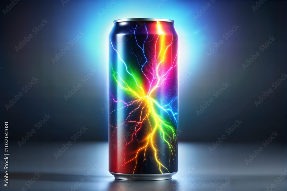 Aluminum energy drink can with rainbow lightning against blue background Aluminum energy drink can with rainbow lightning against blue background