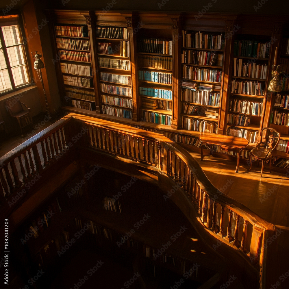 Fototapeta premium A warm and cozy library with shelves full of books and a staircase winding through the space