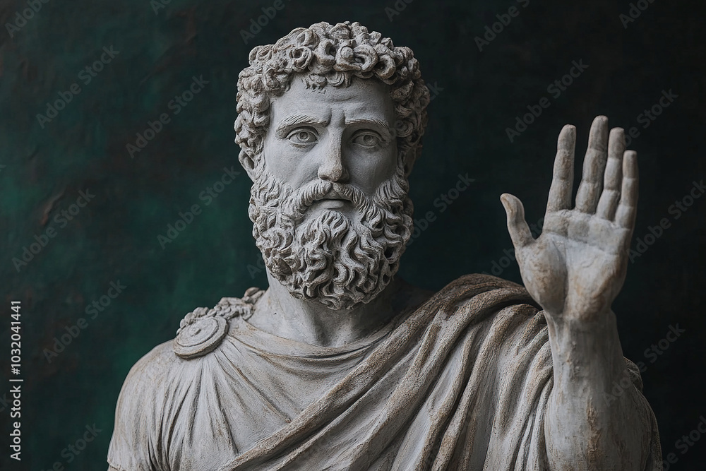 Plaster statue of greek God waves his hand on blue background with space for text Plaster statue of greek God waves his hand on blue background with space for text