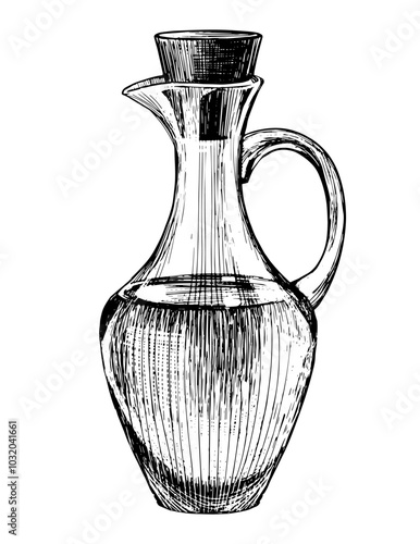 Glass bottle with spout, cork and handle. Jug with oil, witch potion, vintage hand drawn illustration, vector sketch isolated on white background.