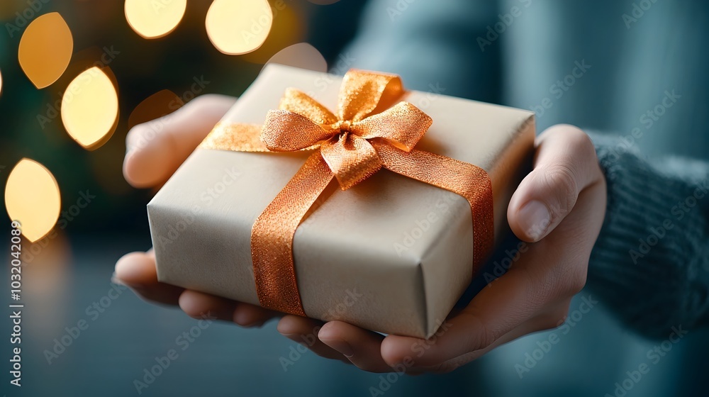 Enthusiastic person unboxing or unwrapping a meticulously wrapped gift box with decorative ribbons and wrapping paper Enthusiastic person unboxing or unwrapping a meticulously wrapped gift box with decorative ribbons and wrapping paper