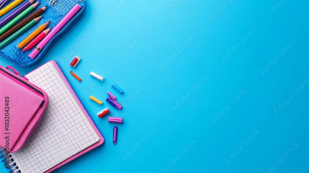 A fun back to school scene with an open notebook and a colorful pencil case spilling its contents Stock Photo with side copy space A fun back to school scene with an open notebook and a colorful pencil case spilling its contents Stock Photo with side copy space