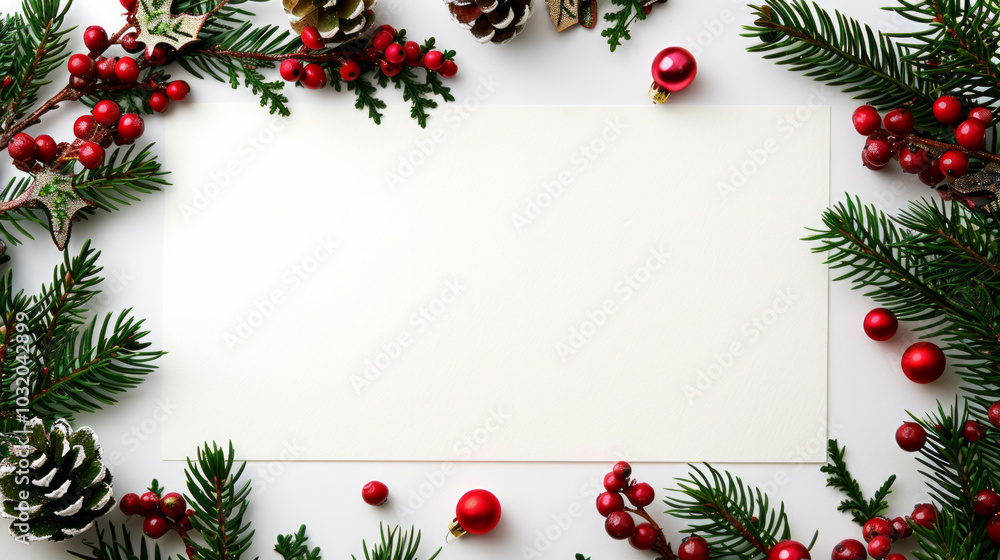 A blank festive card surrounded by pine branches, red berries, and decorative ornaments for joyful holiday messages A blank festive card surrounded by pine branches, red berries, and decorative ornaments for joyful holiday messages