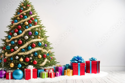 A large Christmas tree with many ornaments and a white wall behind it