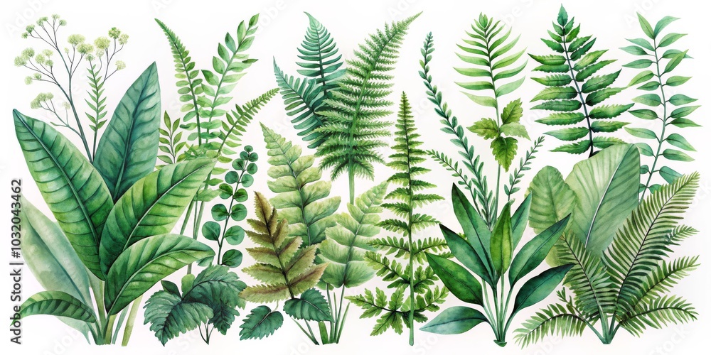 Watercolor Illustration of Various Green Fern and Leaf Plants on a White Background, botanical , nature Watercolor Illustration of Various Green Fern and Leaf Plants on a White Background, botanical , nature