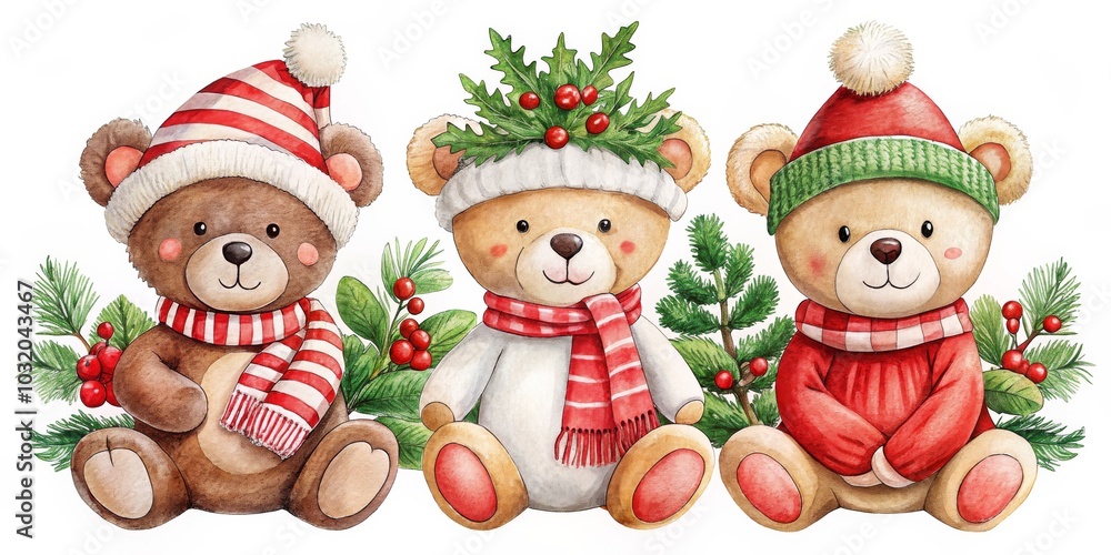 Fototapeta premium Watercolor Illustration of Three Adorable Teddy Bears in Festive Winter Outfits, Christmas, Winter ,teddy bear, watercolor, christmas, winter