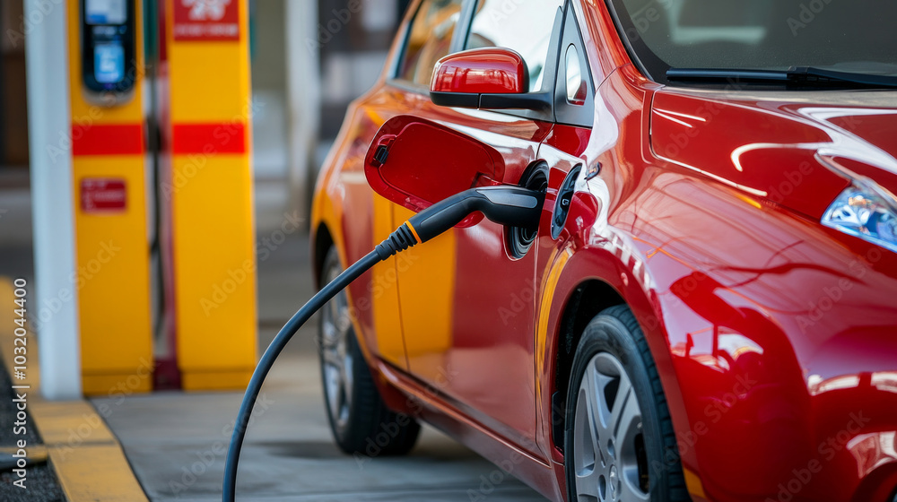 Electric car charging at a modern station during daytime, highlighting sustainable energy and technological advancements Electric car charging at a modern station during daytime, highlighting sustainable energy and technological advancements